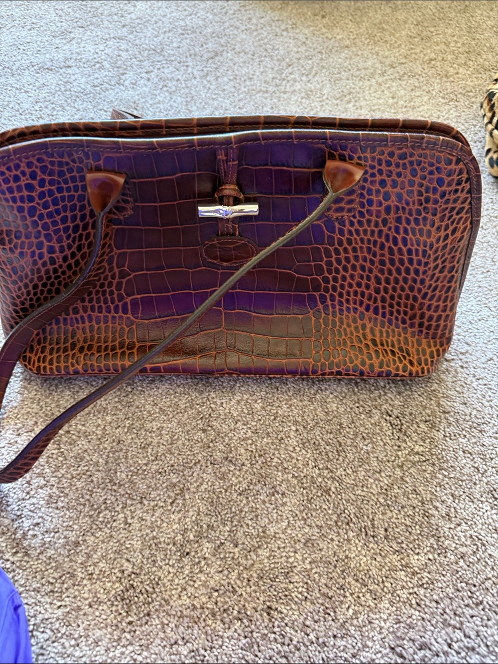 Longchamp Croc-Embossed Dark Brown Shoulder Bag